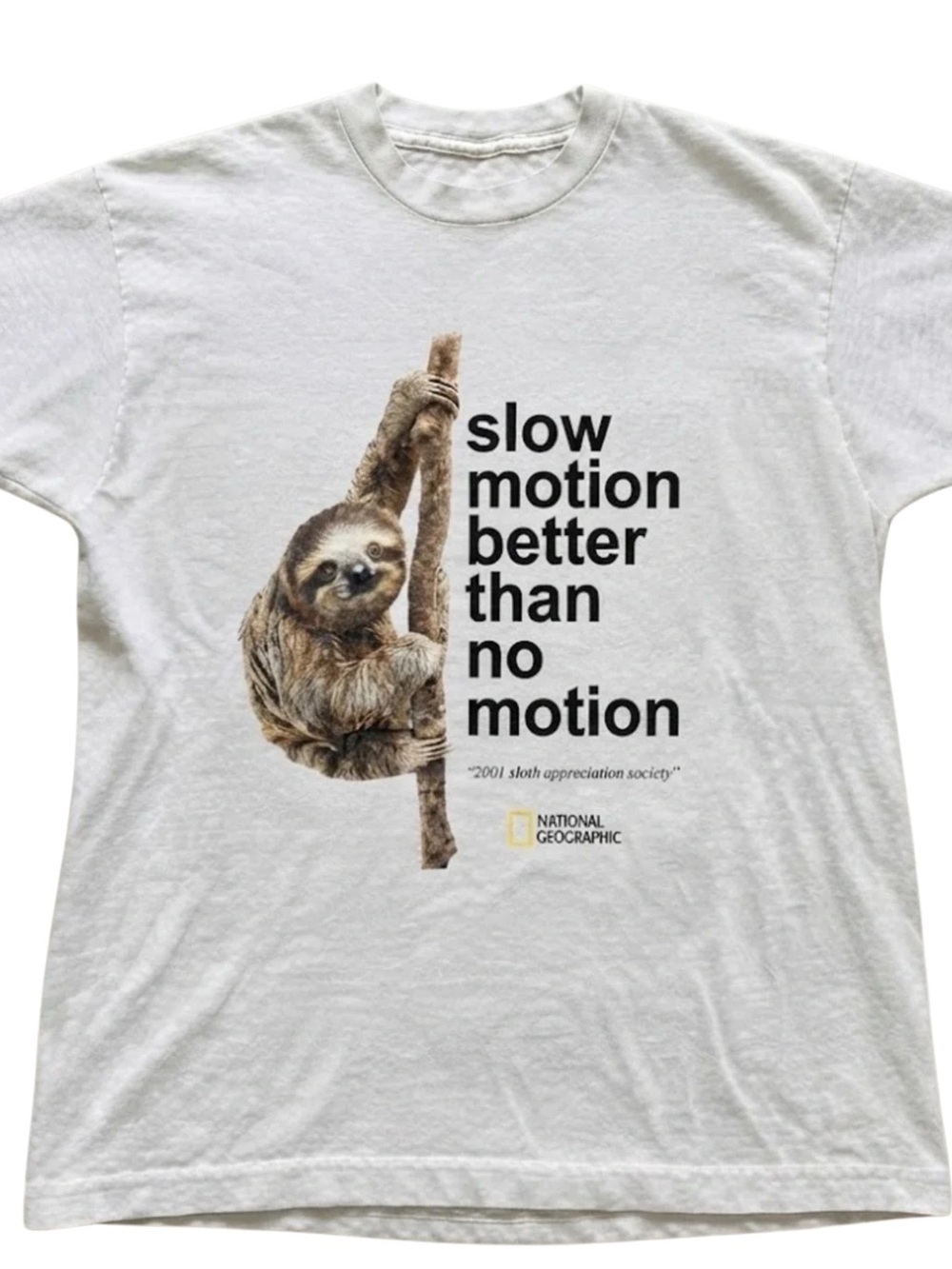 Gildan White Tee with Sloth Graphic and Bold Text